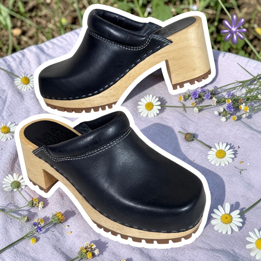NEW MIA Karma Black Leather Wood Platform Lug Sole Clogs | Free People | Women 7